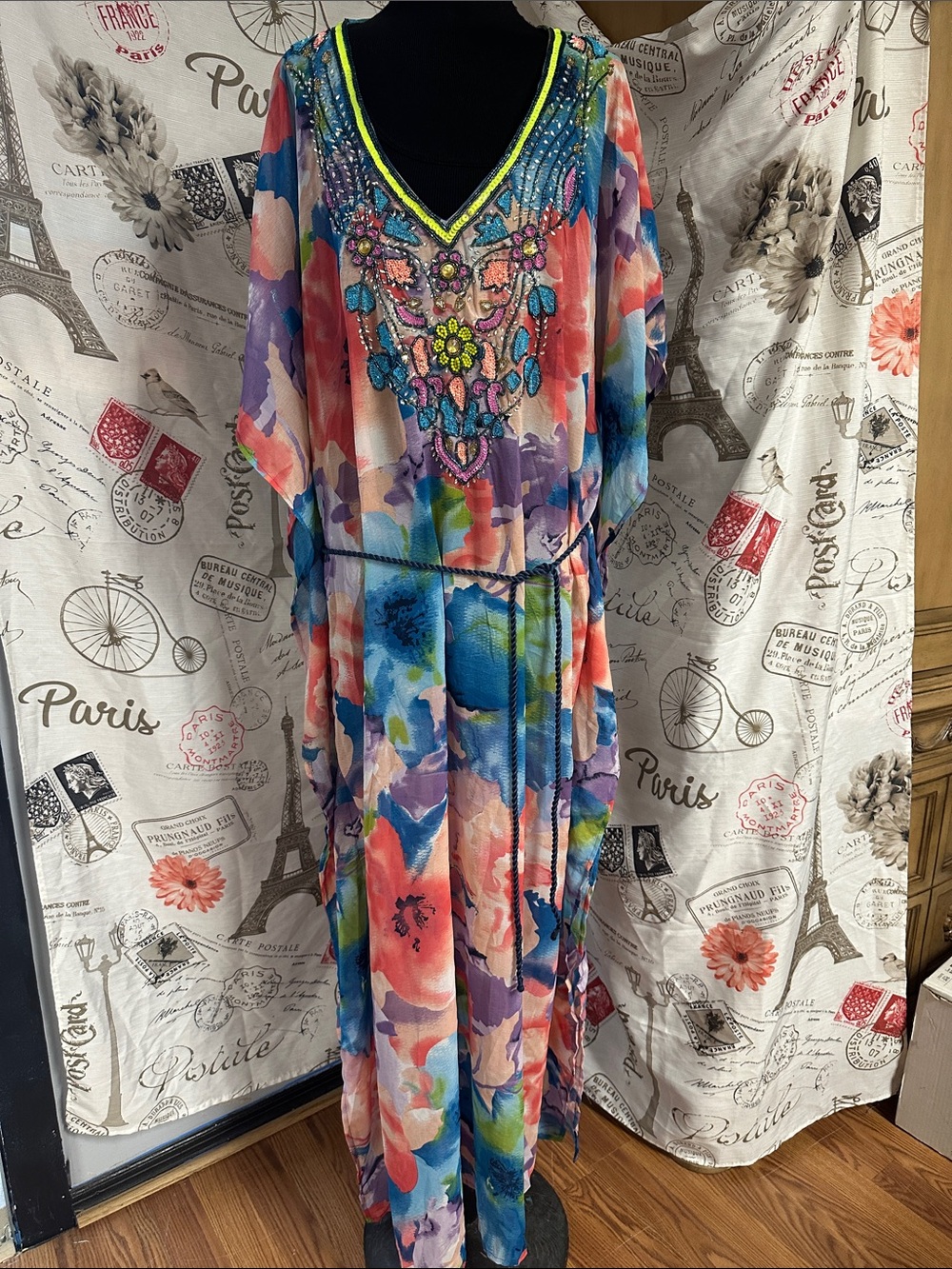 Multicolor Floral Beaded V-Neck Maxi Dress